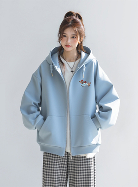 NOW真维斯蓝色卫衣女2026新款春秋季学院风休闲宽松连帽开衫外套