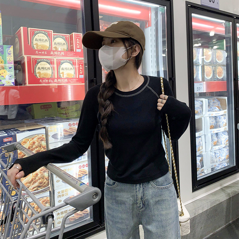 KWV真维斯春秋季长袖t恤女2025新款内搭打底衫女士修身黑色上