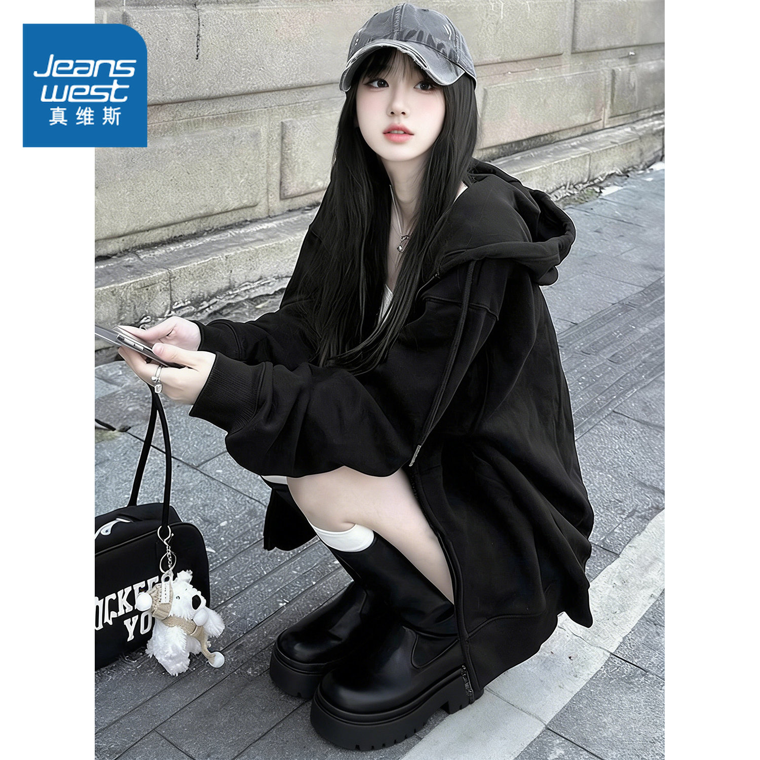 NOW真维斯黑色连帽卫衣外套女2026新款春秋季美系高级感宽松上衣,女装/女士精品,卫衣/绒衫,淘宝优惠券,粉丝福利购,淘宝优惠卷