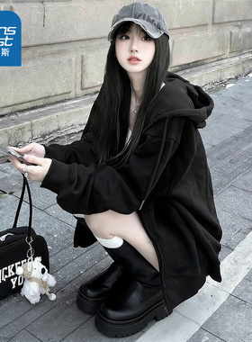 NOW真维斯黑色连帽卫衣外套女2026新款春秋季美系高级感宽松上衣