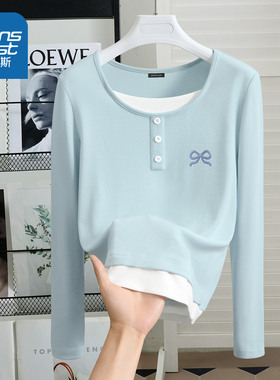 LB真维斯长袖t恤女秋冬季2025新款假两件打底衫韩系chic别致上衣