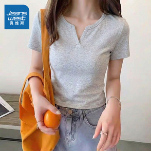 NOB真维斯短款上衣女2026新款灰色美式休闲洋气正肩青少年短袖t恤