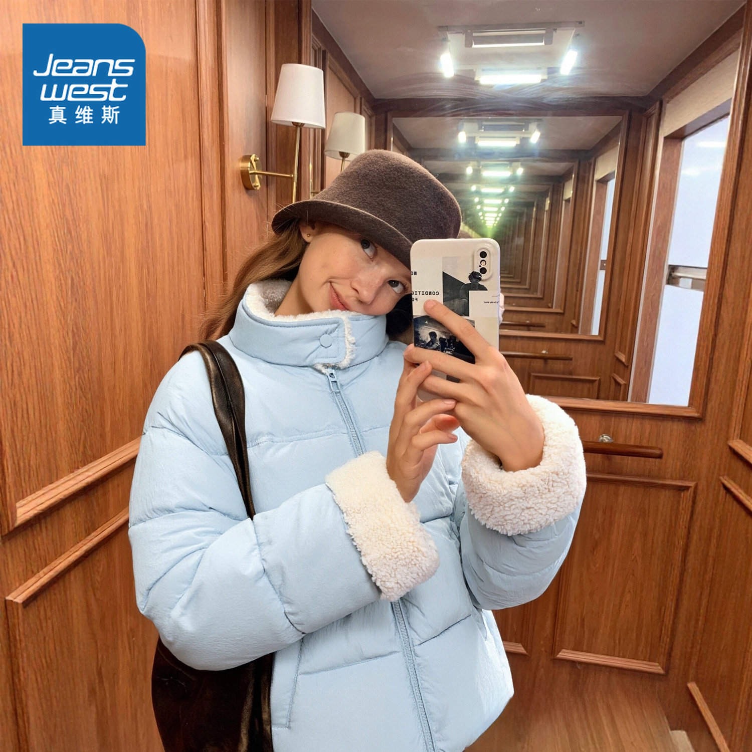 真维斯蓝色棉服女面包服夹棉外套