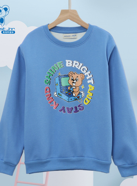 JJ真维斯童装秋冬季新款男童摇粒绒圆领长袖蓝色时髦卡通卫衣