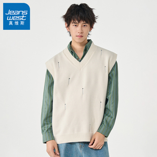 N5真维斯无袖毛衣男2025新款秋冬季美式宽松休闲上衣男款针织背心