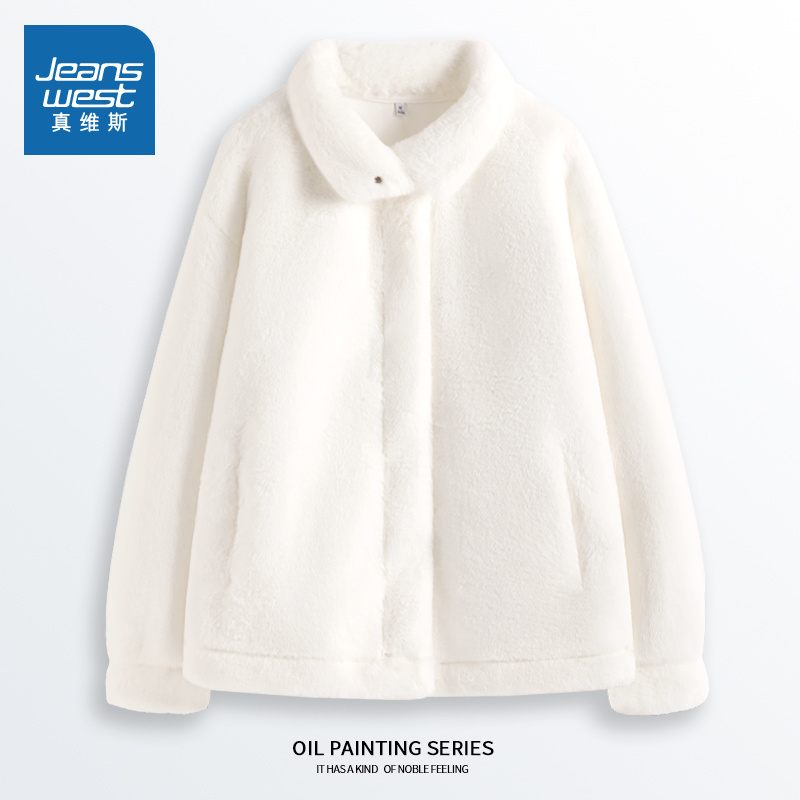 KHV真维斯秋冬季白色仿兔毛短款冬装环保皮草羊羔绒毛绒厚外套女