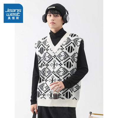 真维斯男款V领舒适撞色针织马甲