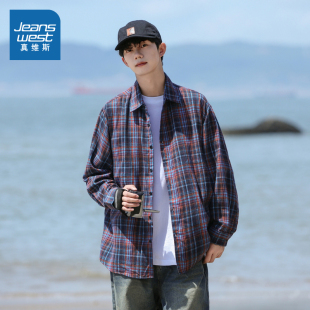 外套男上衣 简约休闲复古方格宽松翻领衬衫 WX真维斯2025年春季 新款