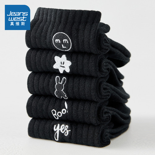 时尚百搭刺绣纯棉短袜（五双装）