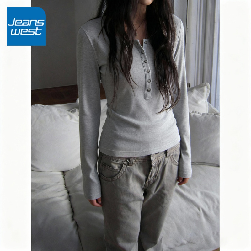 真维斯开领罗纹打底衫女2025新款