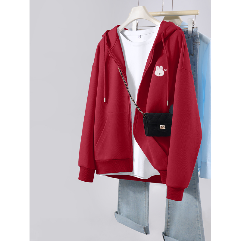 NOW真维斯红色开衫外套连帽卫衣女2025新款爆款秋季休闲大码上衣