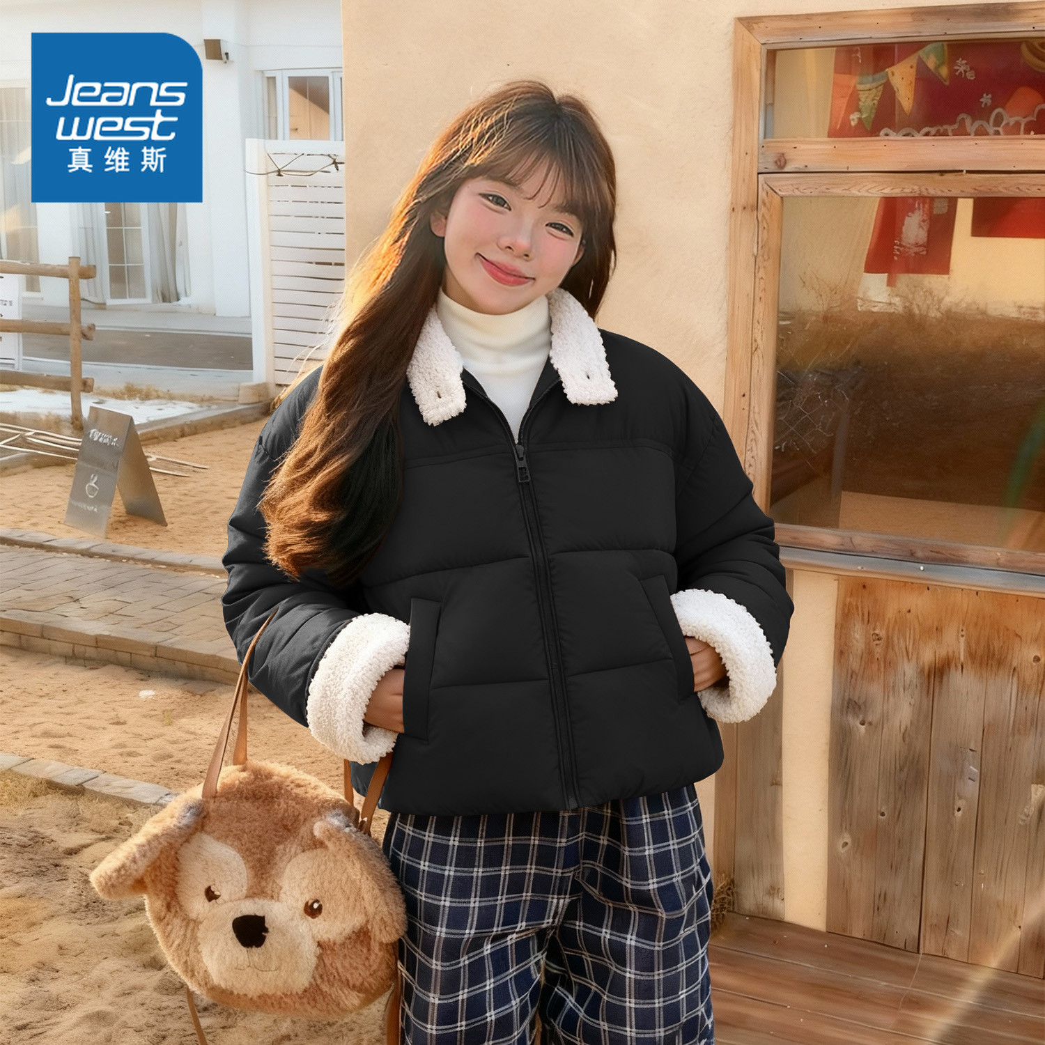 NOB真维斯黑色短款立领棉服女款