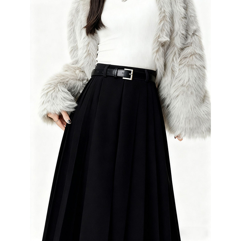 KHV真维斯黑色毛呢半身裙女2025冬新款爆款超好看中长款a字百