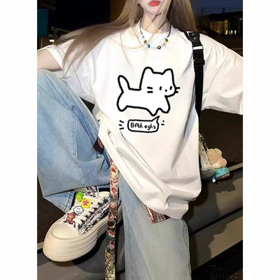 NR真维斯白色正肩纯棉短袖t恤女夏季新款小猫印花别致百搭上衣潮