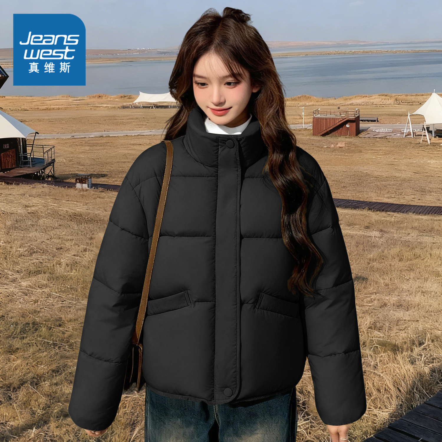 真维斯黑色短款棉服女2025新款