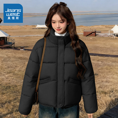 真维斯黑色短款棉服女2025新款