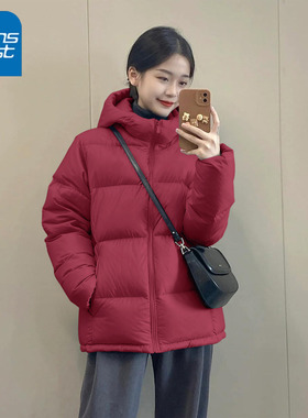 NOA真维斯棉服女 2026本命年红色韩系高级感小个子连帽棉袄外套女