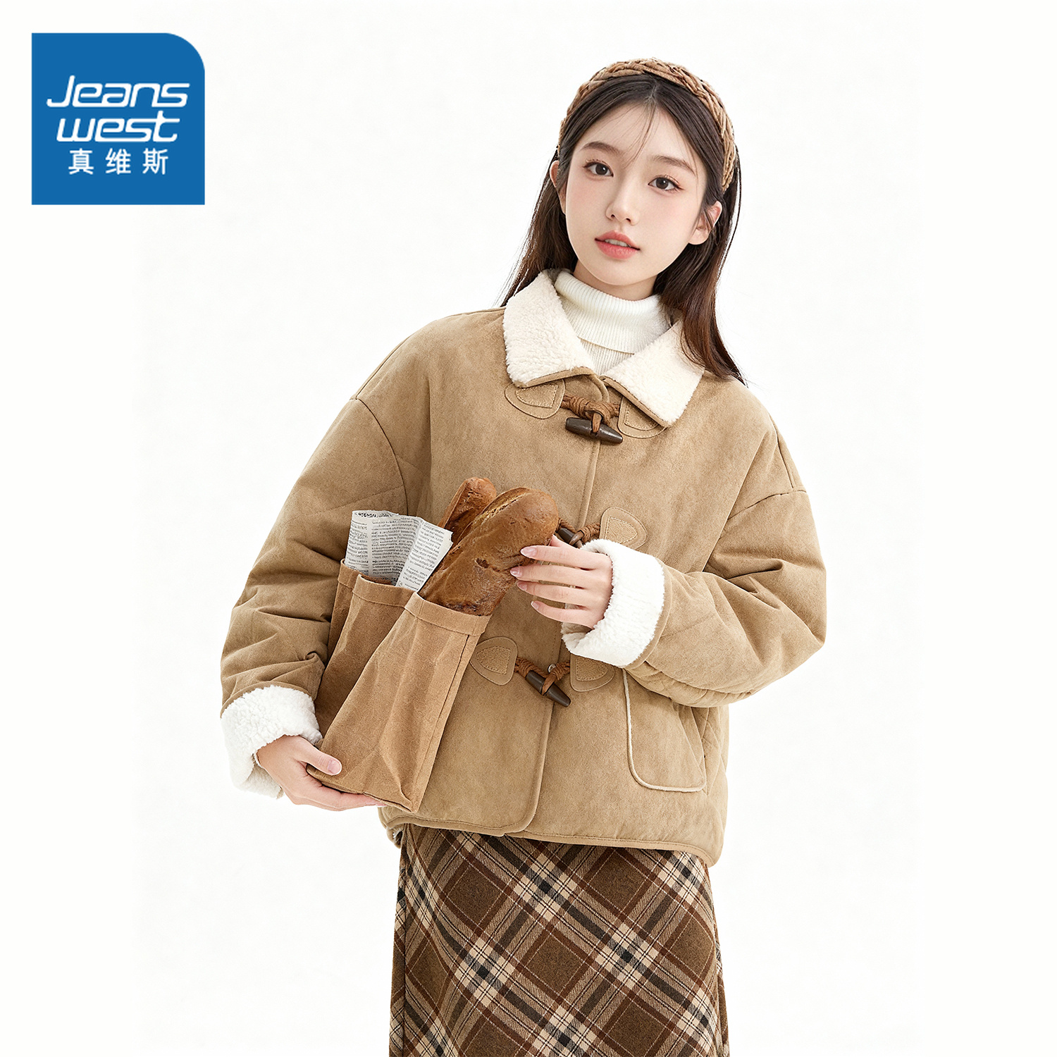 NOW真维斯麂皮绒羊羔绒一体外套女2025新款冬季复古加绒加厚棉服