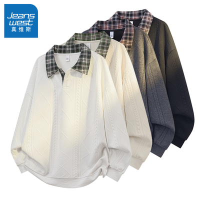 N5真维斯男士卫衣2025秋冬季新款美式潮流加绒宽松翻领假两件上衣