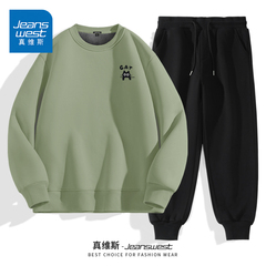NN真维斯卫衣男款秋冬季加绒加厚青少年大码圆领上衣卫裤运动套装