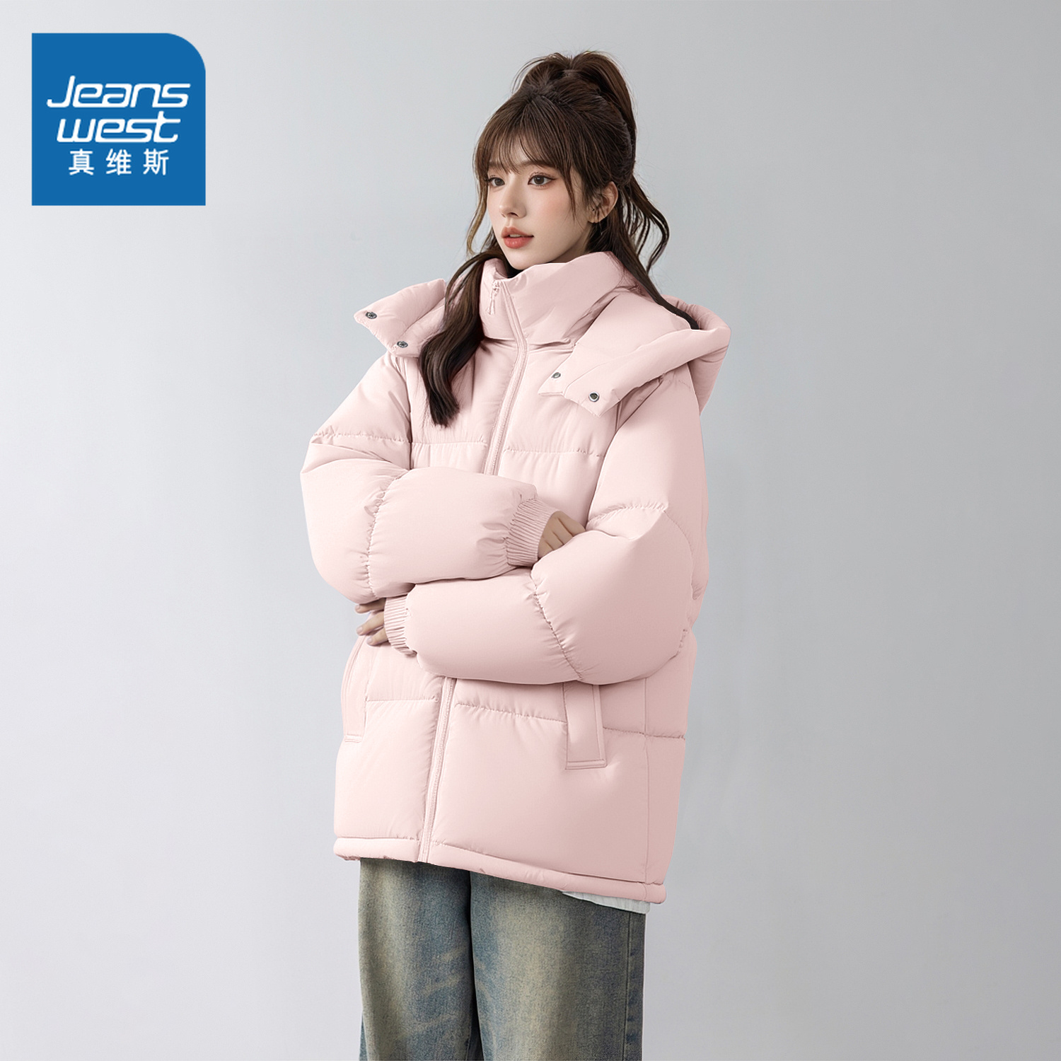 真维斯粉色连帽轻薄棉服女冬