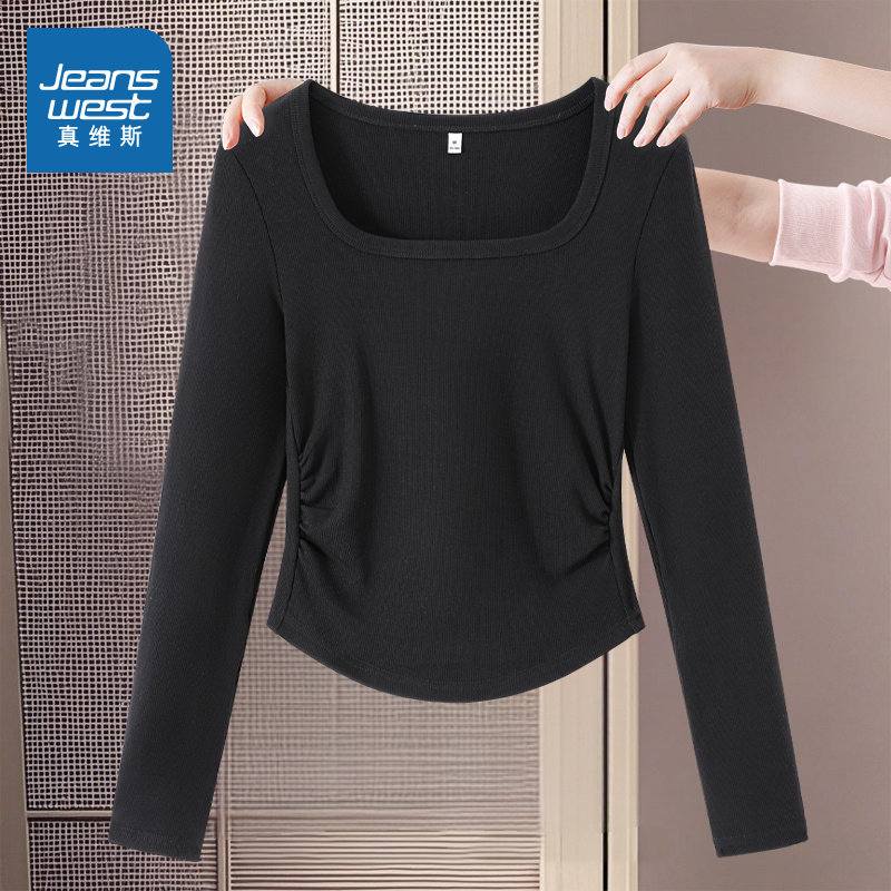 JR真维斯女装方领褶皱修身打底衫长袖