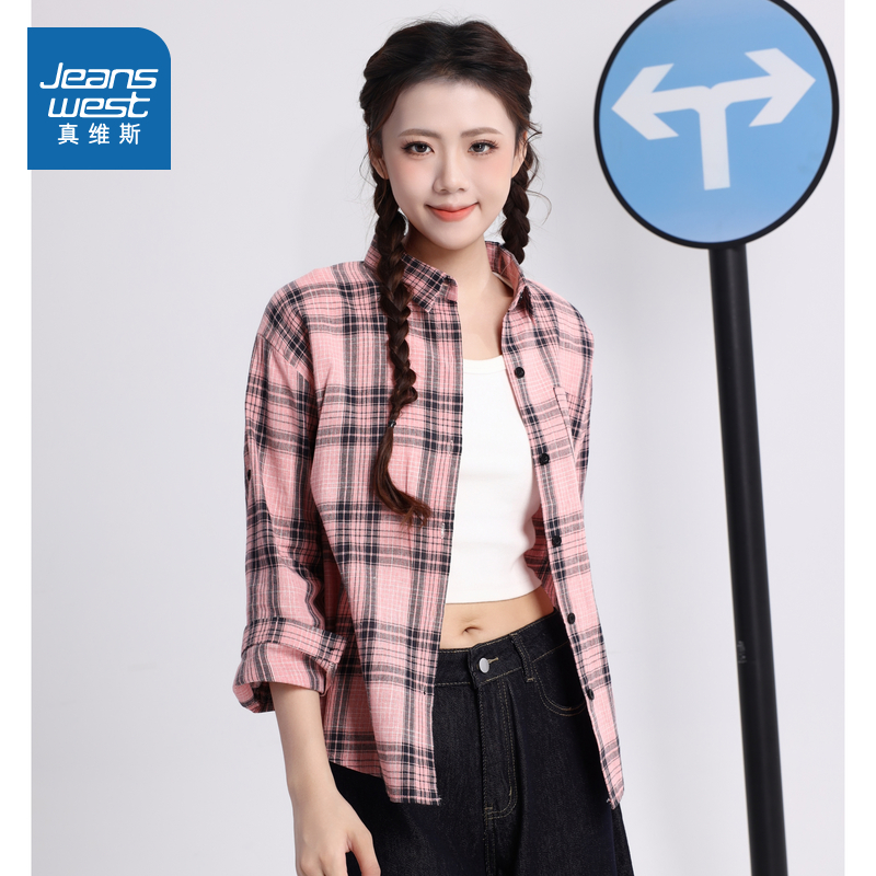 女装文艺风格子翻领长袖衬衫