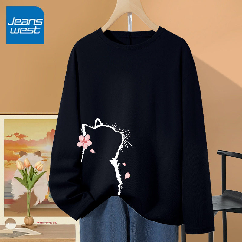 KCV真维斯雾黑色今年流行的女卫衣春秋女运动休闲薄圆领时尚上衣