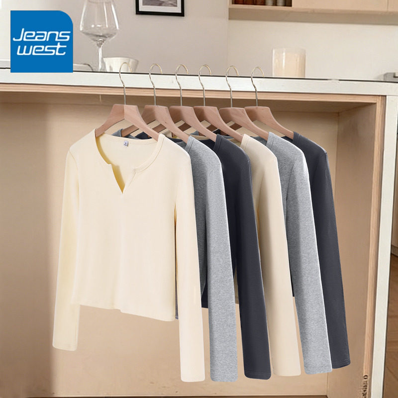 KV真维斯杏色短款小V领紧身长袖T恤女206新款秋款修身打底衫上