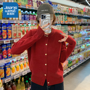 气质针织开衫 时尚 正肩显瘦外套 2025新款 LB真维斯红色毛衣女秋冬款