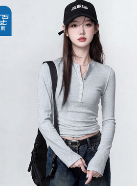 NOW真维灰色长袖女t恤2026新款秋季开扣修身短款内搭打底衫上衣女