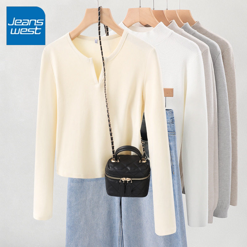 KV真维斯杏色小V领T恤长袖女2026新款春秋款打底衫小个子紧身