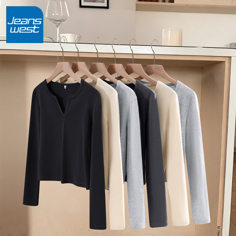 KV真维斯黑色小V领T恤长袖女2026年新款秋款打底衫小个子紧身