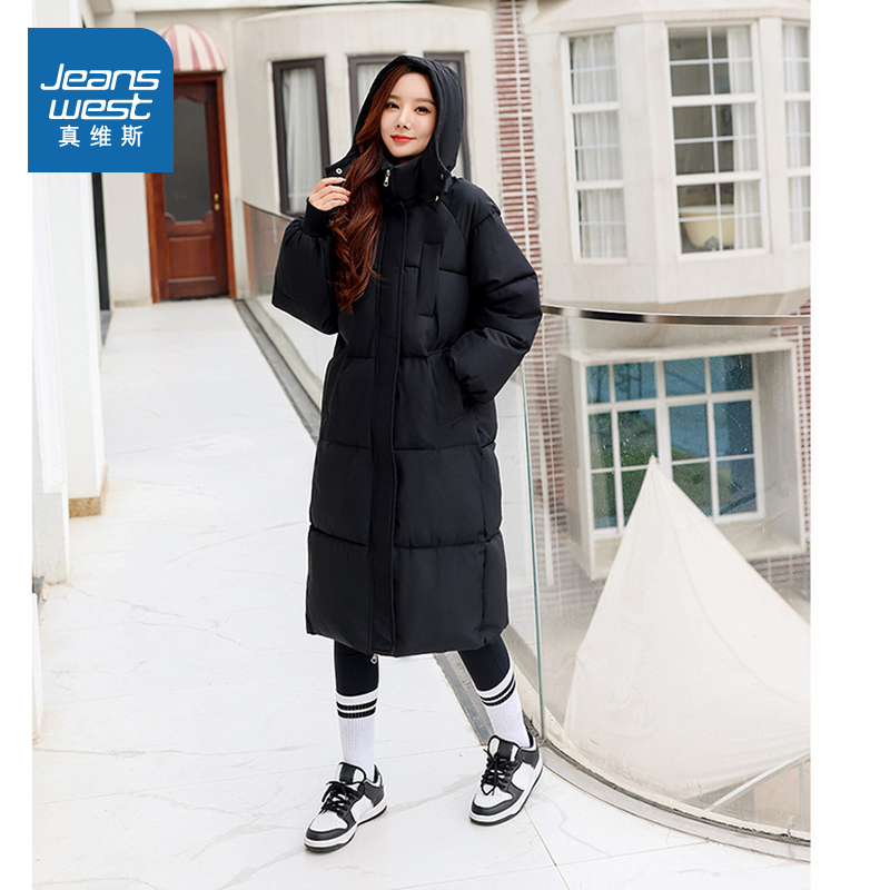 KF真维斯冬季女长款韩版保暖基础款纯色黑色耐脏棉服