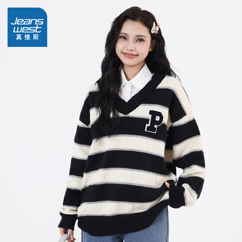 KF真维斯女装冬季条纹时髦休闲简约潮流慵懒风女款毛衣