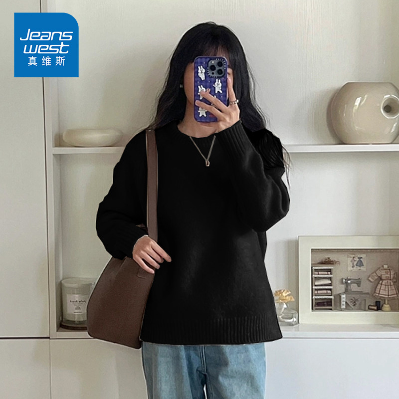 KP真维斯女装秋冬季新款毛衣宽松慵懒风圆领长袖圆领针织毛衫女