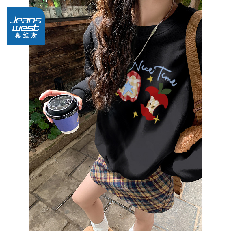 NOW真维斯黑色圆领卫衣女2025新款春秋季韩系小个子无帽长袖上衣