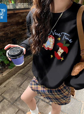 NOW真维斯黑色圆领卫衣女2026新款春秋季韩系小个子无帽长袖上衣