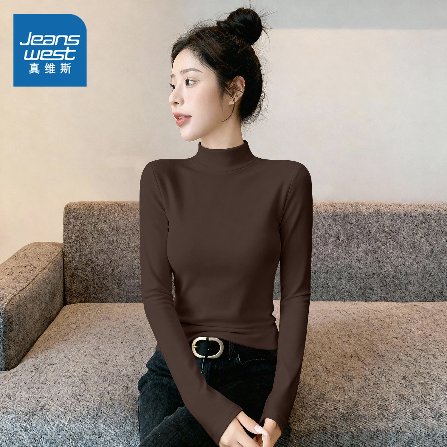 NOB真维斯半高领打底衫女内搭2025新款秋冬季绒德保暖上衣长袖