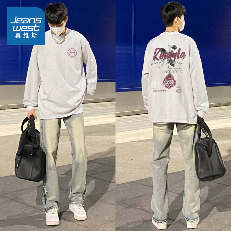 潮流印花纯棉圆领宽松长袖T恤