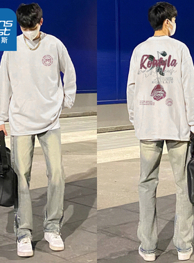 G2真维斯男装衣服2025春季新款 潮流印花纯棉圆领宽松上衣长袖T恤