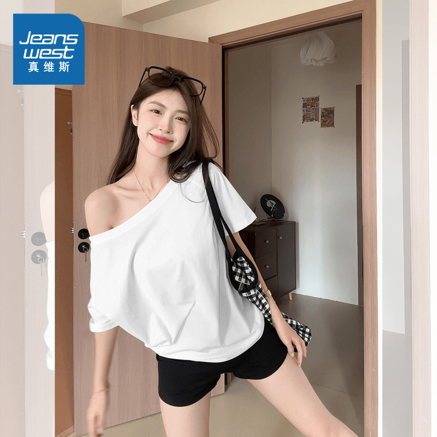 JR真维斯性感辣妹露肩t恤女2026新款斜肩宽松显瘦短袖纯欲风上