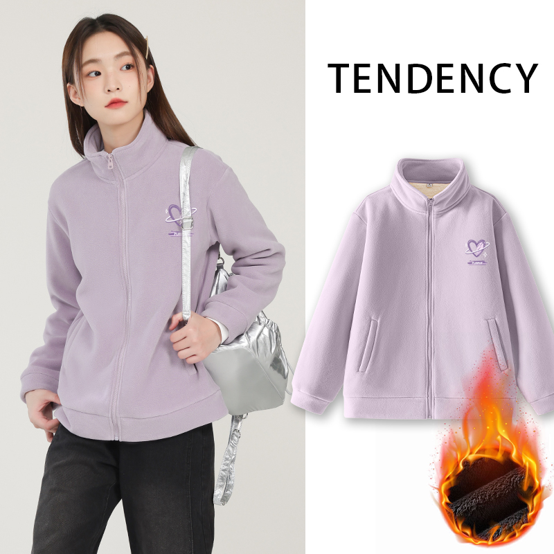 JR真维斯紫色加绒外套女秋冬季奥粒绒百搭休闲款立领开衫