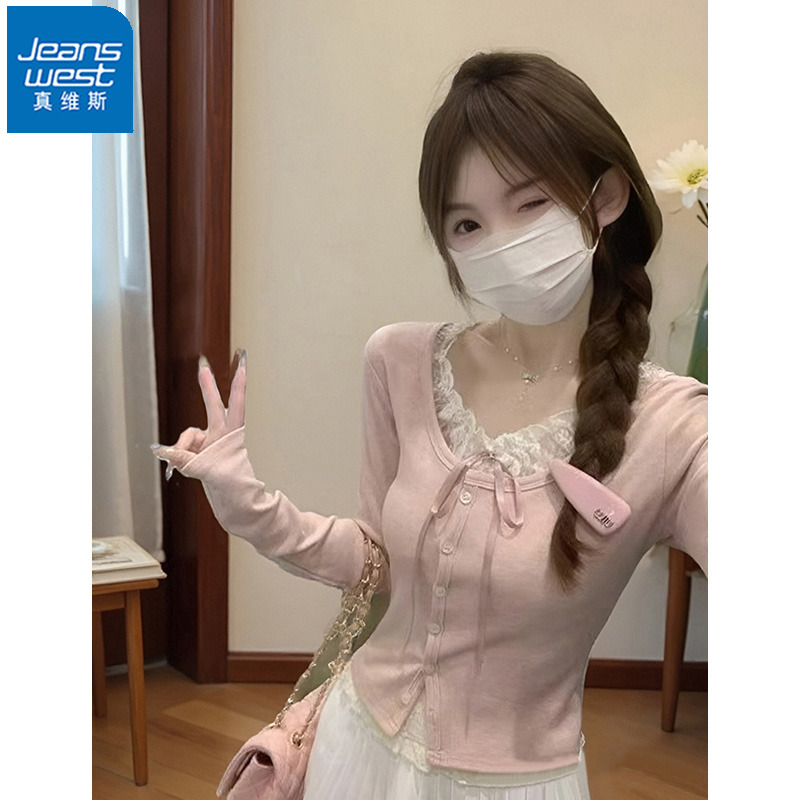 真维斯假两件蕾丝拼接长袖T恤