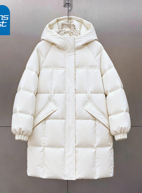 NOA真维斯白色连帽中长款棉服女2026冬新款加厚保暖过膝百搭棉袄