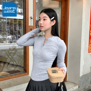 独特流行上衣内搭打底衫 KV真维斯灰色修身 秋季 t恤女2025新款 长袖