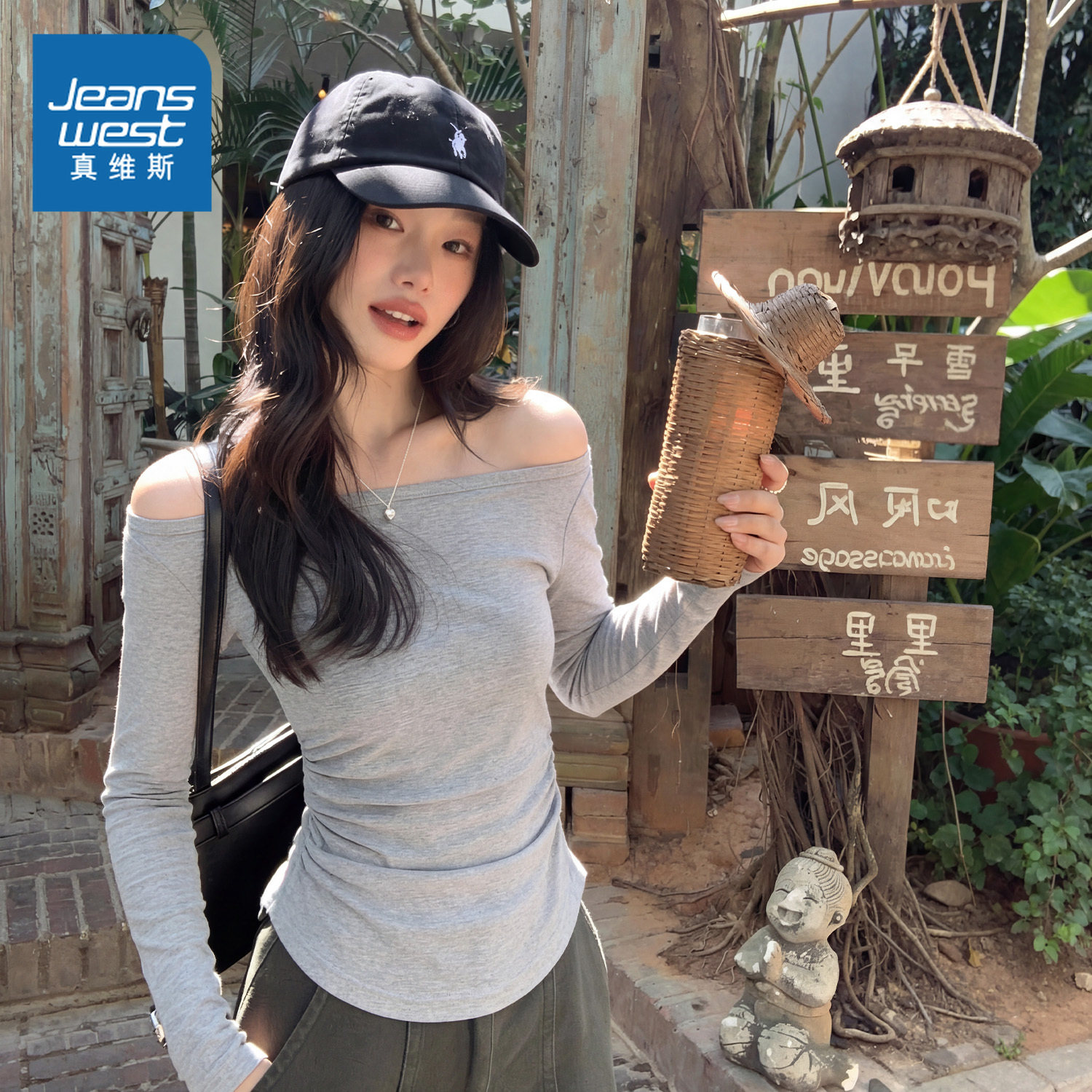 KMV真维斯斜肩上衣女春2026新款高级感露肩灰色长袖t恤宽松一