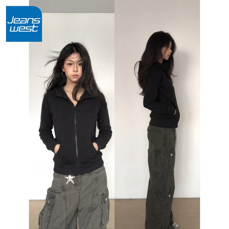 KCV真维斯黑色休闲风拉链连帽卫衣开衫女春秋新款小个子外套上衣,女装/女士精品,卫衣/绒衫,淘宝优惠券,粉丝福利购,淘宝优惠卷