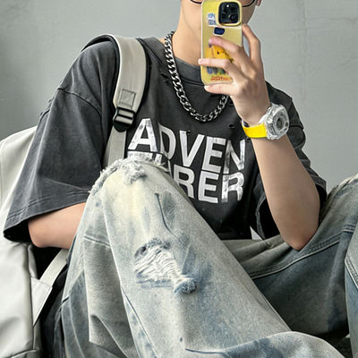 美式高街破洞做旧男宽松纯棉T恤