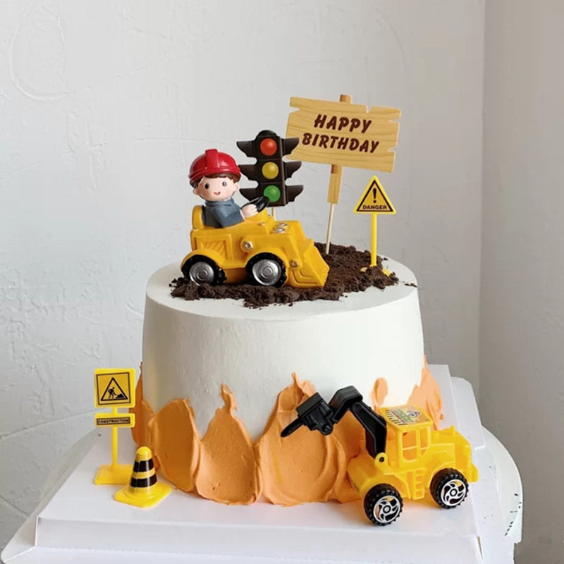 工程车主题蛋糕装饰摆件挖土机铲车儿童生日蛋糕工地推土机路障